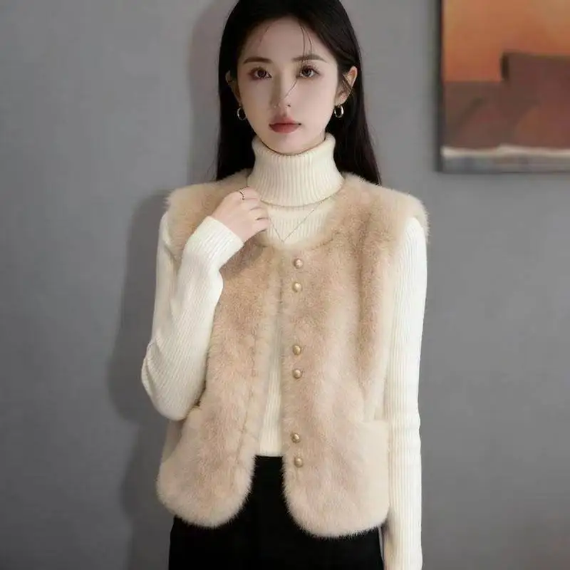 Small Fragrance Vintag Vest Women Coat Korean Thicken Imitation Fur Waistcoat Autumn Winter Jacket Warm Outer Vest Female Tops