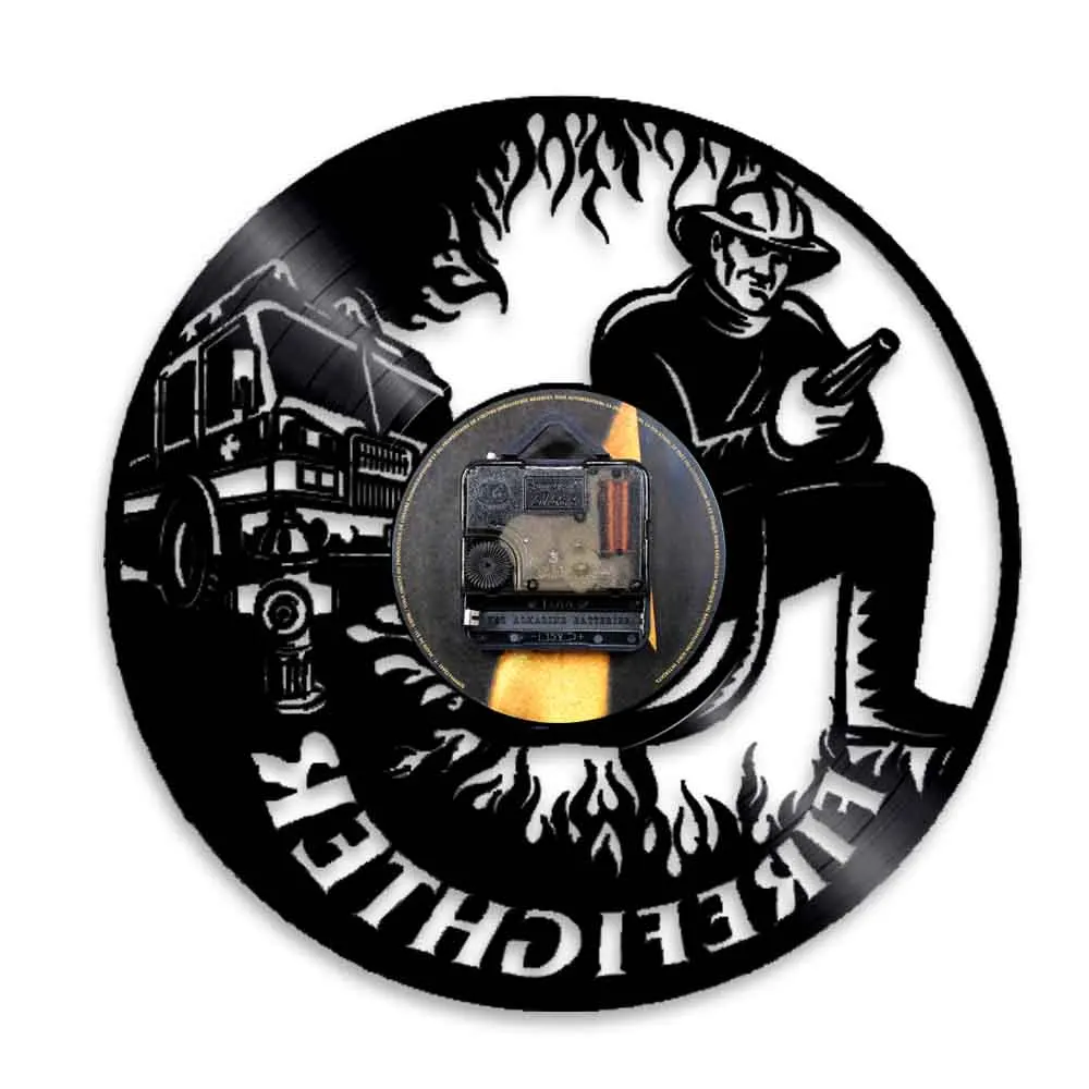 Firefighter Wall Clock Vinyl Music Record Time Clocks Fire Fighting Truck Led Light LP Hanging Watch Non-Ticking Fireman Gift