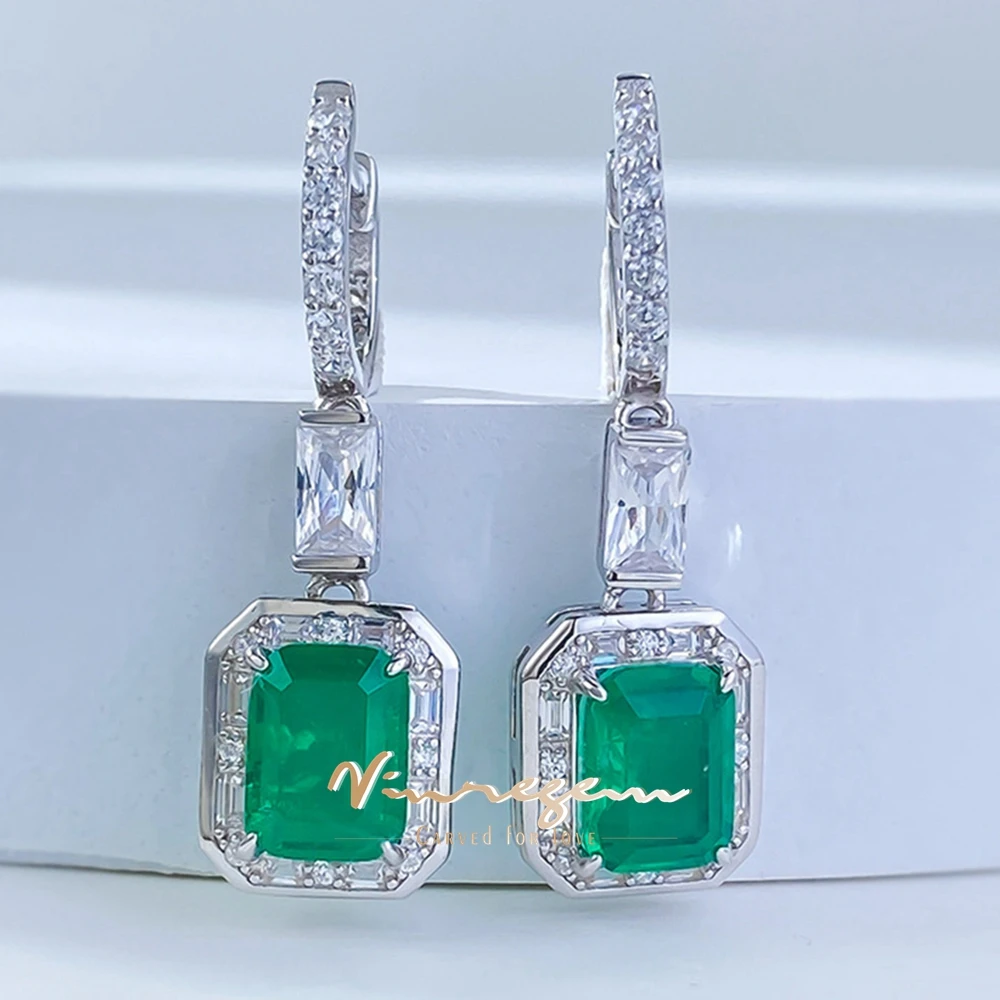 

Vinregem 6*8MM Emerald High Carbon Diamond Gemstone Vintage Drop Dangle Earrings for Women 100% 925 Sterling Silver Fine Jewelry