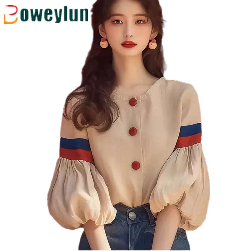 

Boweylun Early Fall New French Five-quarter Sleeve Shirt Girls Apricot Lantern Sleeve Tops Female