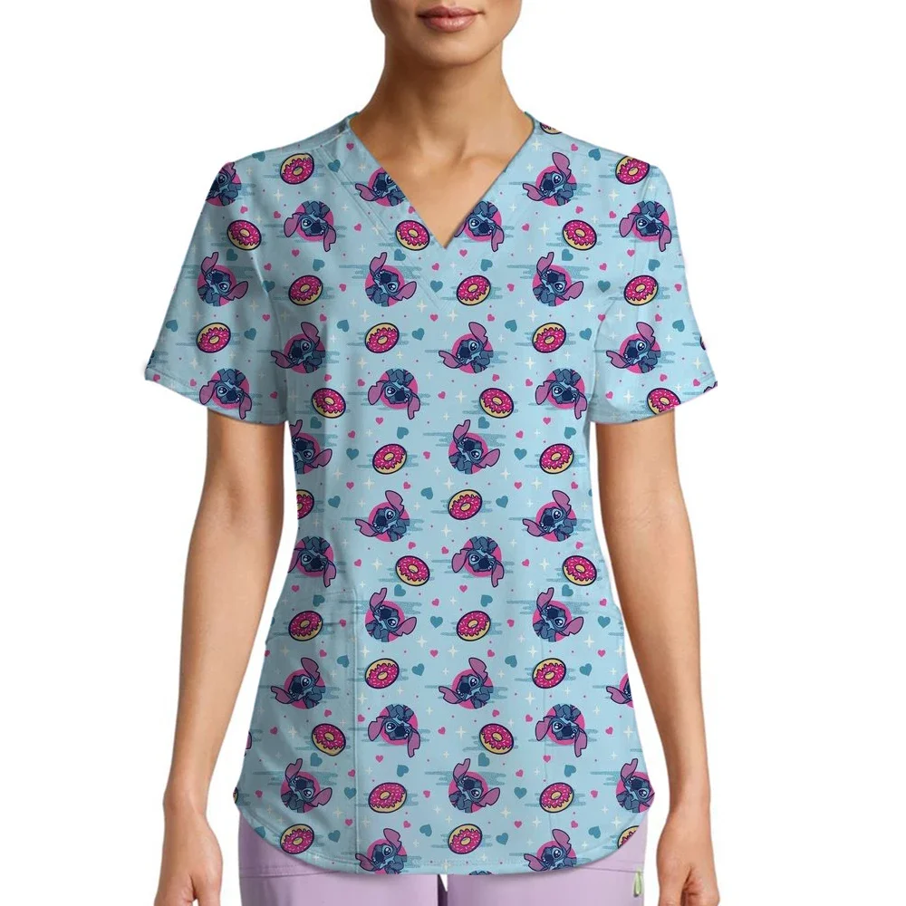 

2025 Disney Uniform Women's Cartoon Stitch Print Nurse Work Shirt Pocket Gown Christmas Healthcare Nurse Scrubs Y2K Top