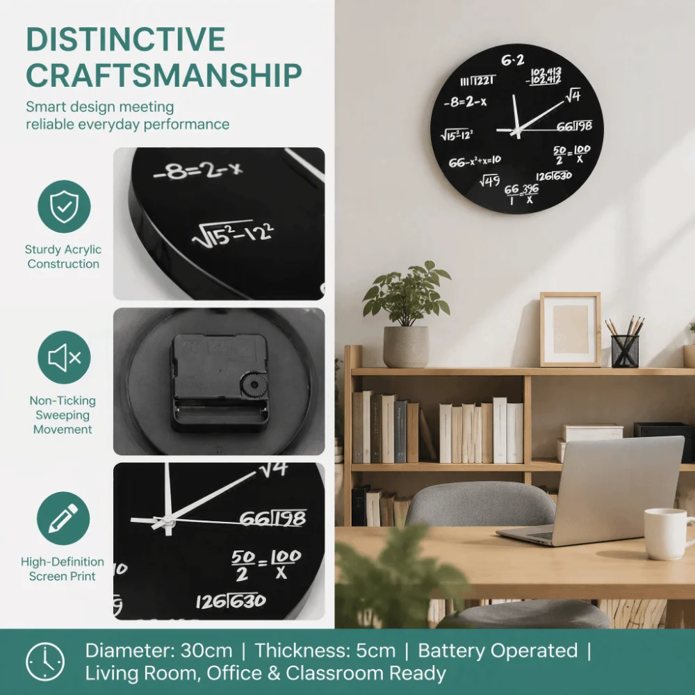 12 Inch Mathematical Wall Clock Silent Operation Black Color 3D Decoration Clock Battery Operated 3D Design Math Wall Clock