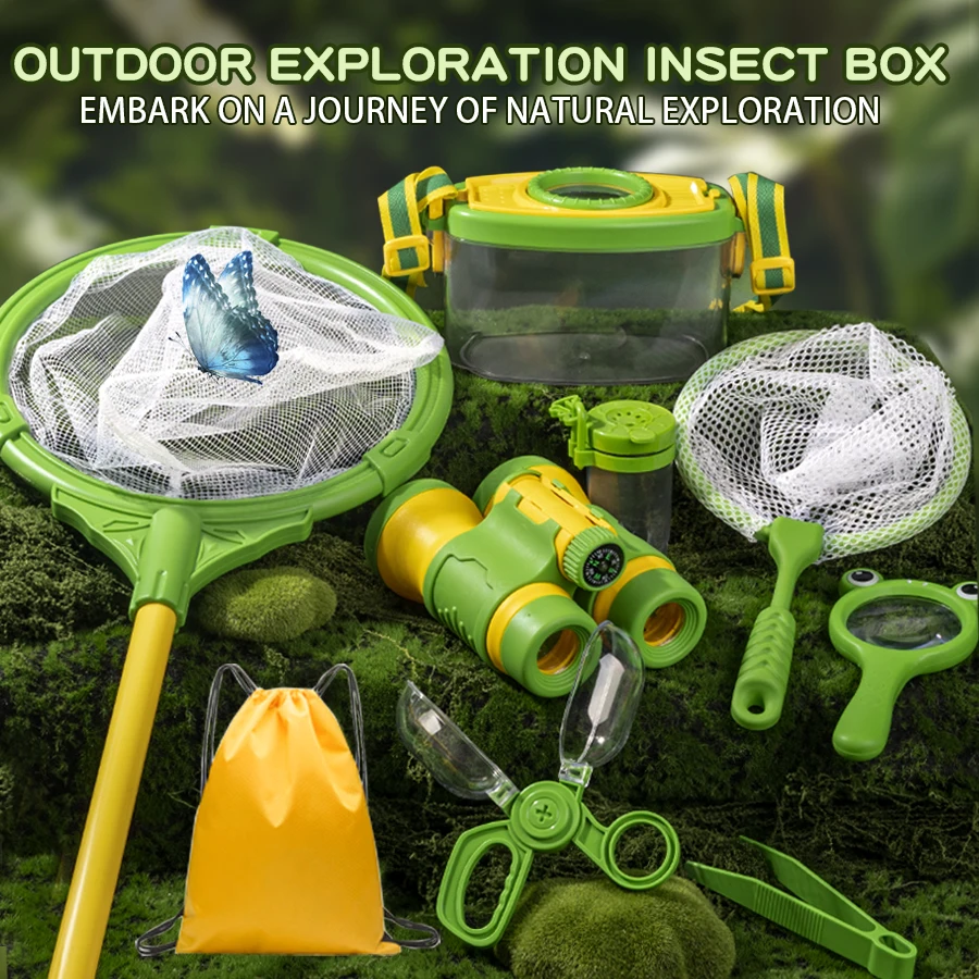 Children'S Natural Outdoor Adventure Insect Capture Net Observation Box Telescope Magnifying Glass Set Clip Backpack Insect Jar