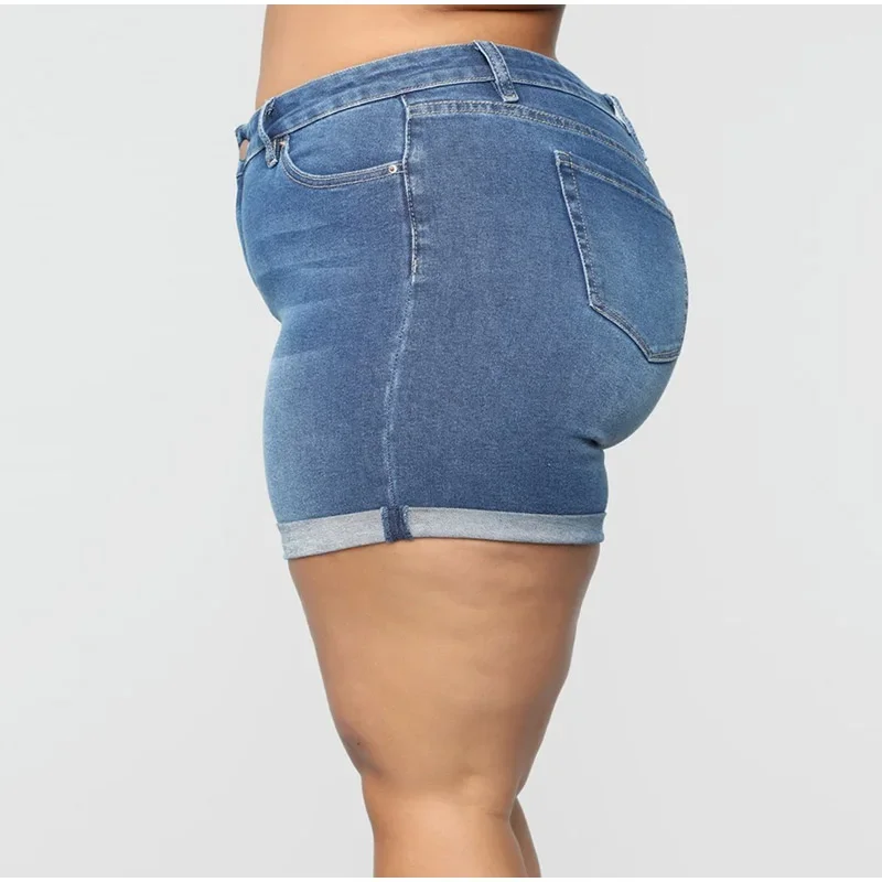 Jean slim en denim bleu pour femme, pantalon court à sertir, grande taille, 3XL, 4XL, ourlet roulé, décontracté, été