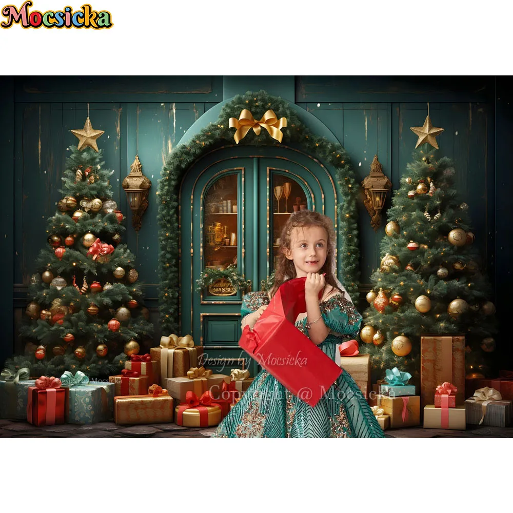 Mocsicka Winter Christma Store Backdrop for Studio Photography Xmas Tree Shop Glitter Stars Gifts Backdrop Green Decor Wallpaper