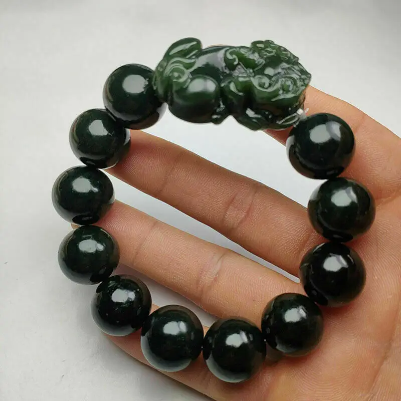 

Certified Genuine Natural Dark Green Hetian Jade Bead Pixiu Bangle Bracelet Mascot Gift Figurines Collection Mythical Beast