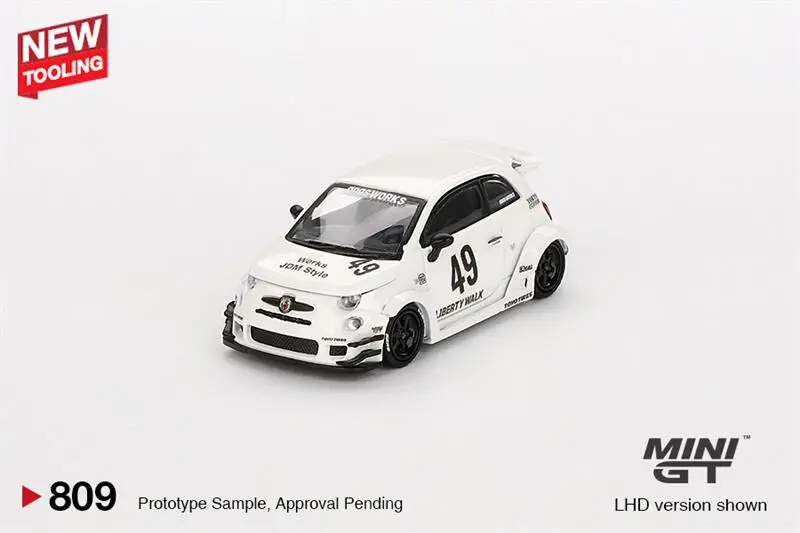 MINI GT 1:64 LB-WORKS x ABA Works ABARTH 595, caja de papel blanca LHD, modelo de coche fundido a presión