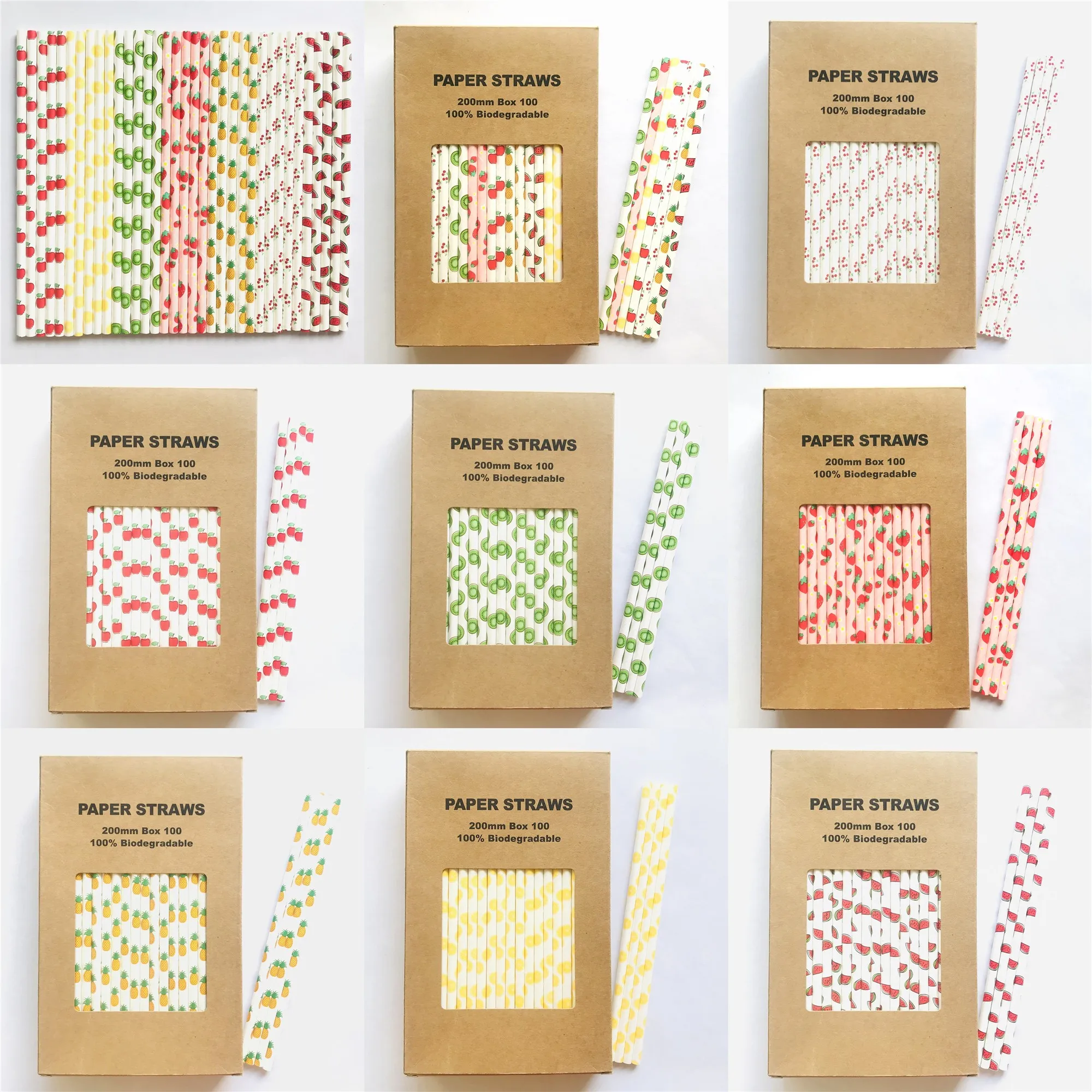 100 Pcs/Box Party Fruit Paper Straws,Green Red Yellow Lemon Pineapple Watermelon Cherry Strawberry Apple Kiwi Coconut Juice Bar