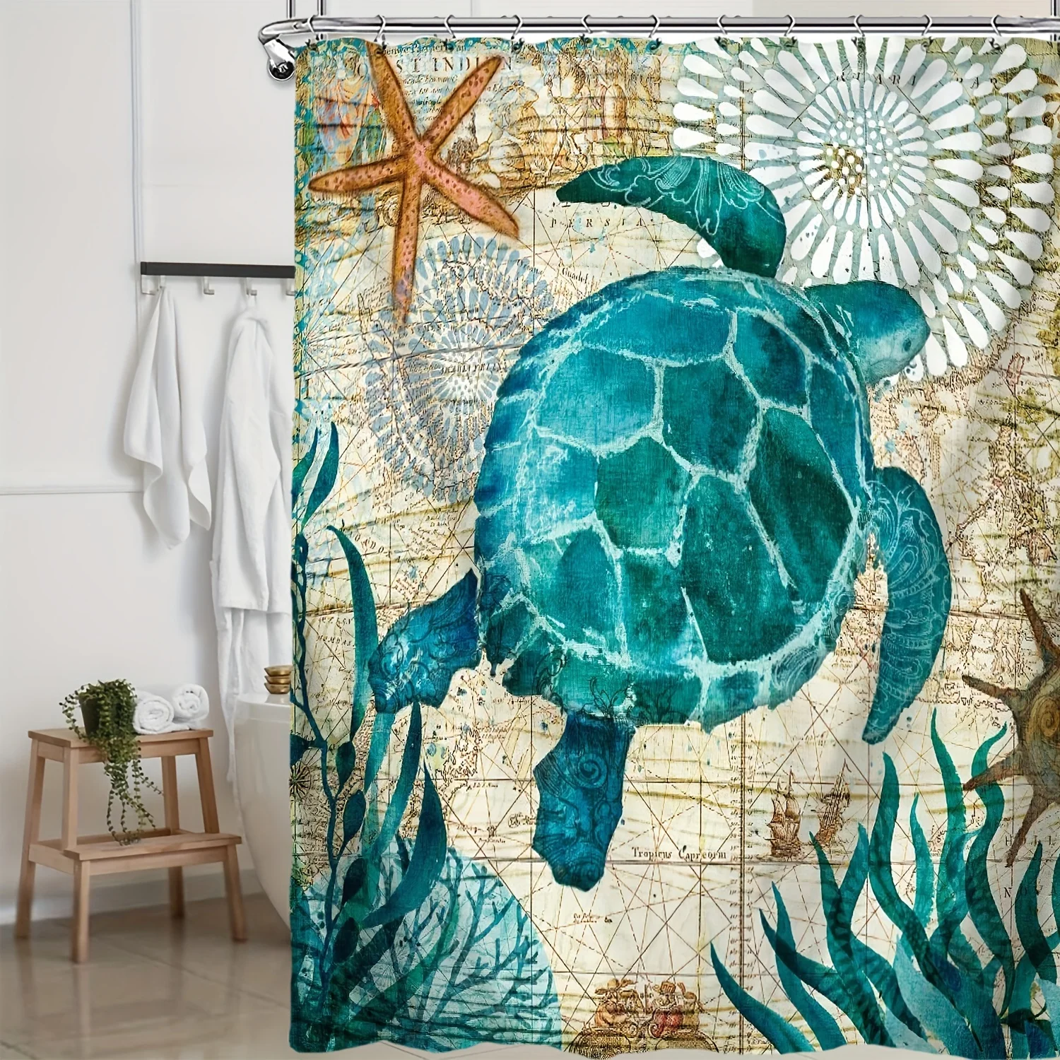 Turtle Seaweed Pattern Shower Curtain Set, Waterproof Bath Curtain With , U-shaped Mat, Toilet Cover Mat, L-shaped Mat, Bathroom