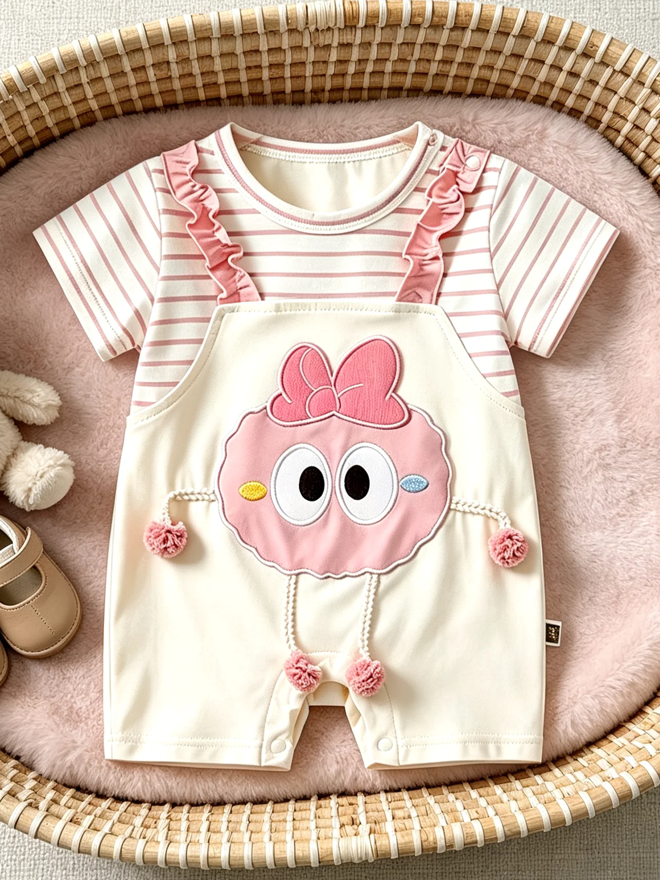 Cute lace baby girl striped short crawling jumpsuit spring and summer cartoon candy beans 0-12 months old daily outdoor outfit