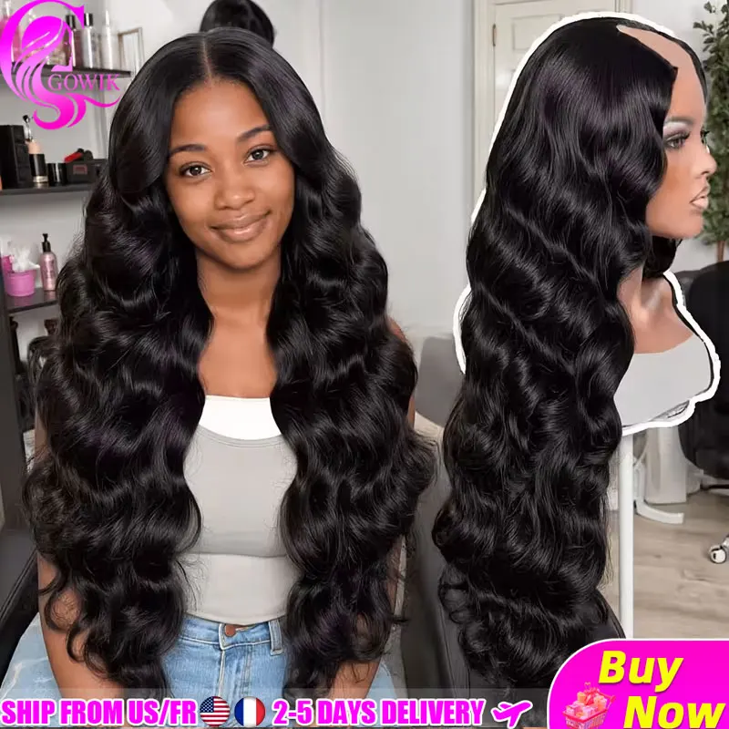 Perruque en cheveux humains en forme de V, ondulée, densité 220 %, perruque U-Part améliorée, cheveux humains vierges brésiliens pour femmes noires, perruque complète 12A à clipser, semi-sans colle, sans cheveux à laisser dehors, perruque Lace Front 36 pouces
