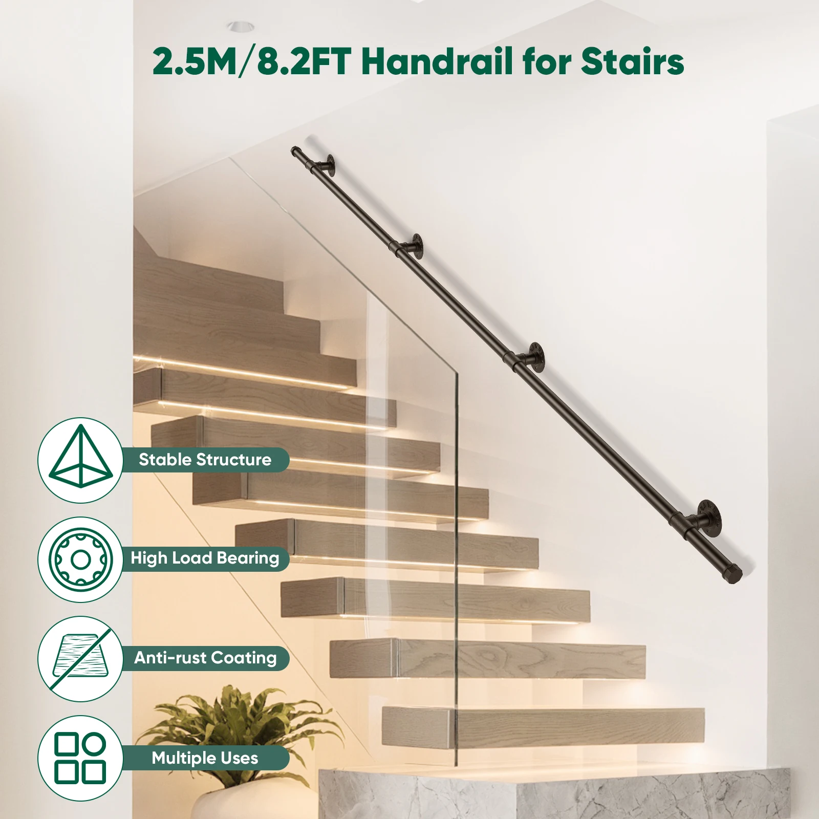 1m Handrails for Stairs Metal Railing Wall Mounted Handrail Indoor Stair Rail Safety Hand Rail Non-Slip Wrought Iron Pipe Stair