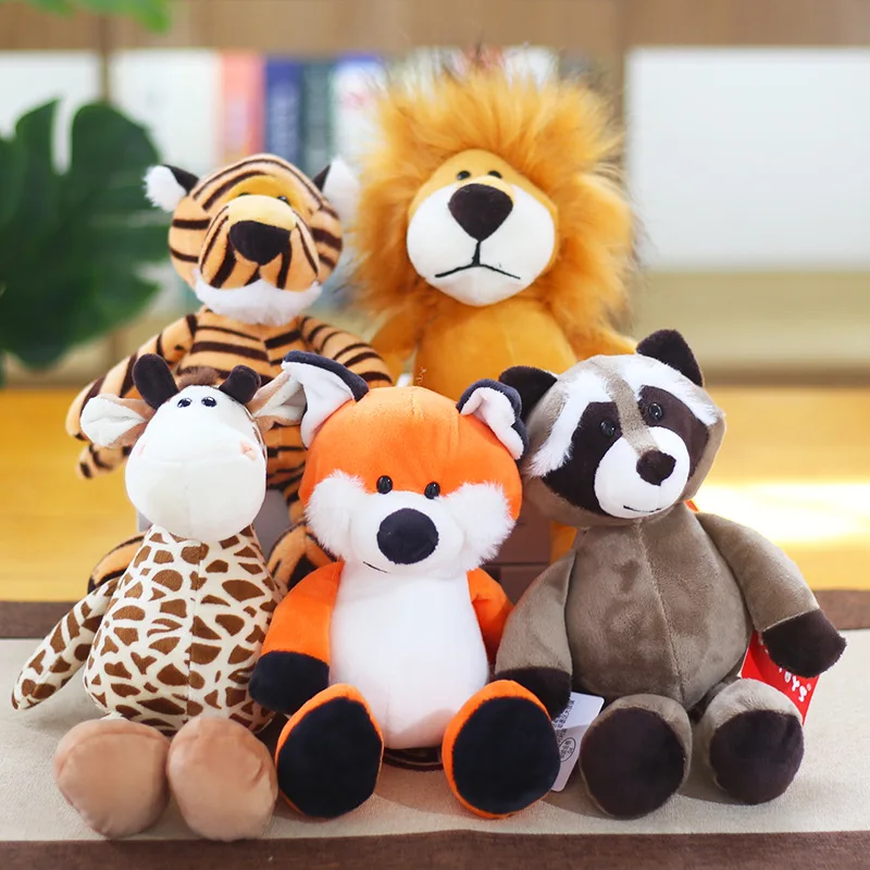 25cm Simulation Forest Animals Plush Toys Stuffed Jungle Series Tiger Lion Monkey Raccoon Giraffe Elephant Dolls for Boys Gifts