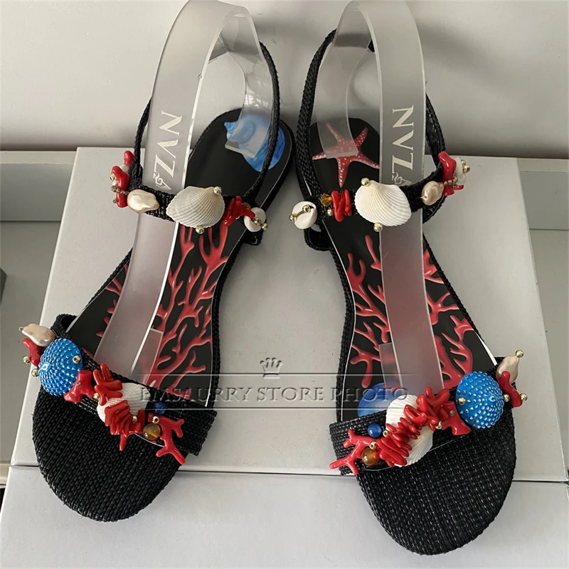 Exotic Style Shell Decor Ankle Strap Sandals Women Unique Seaweed Print Open Toe High Heel Holiday Summer Shoes