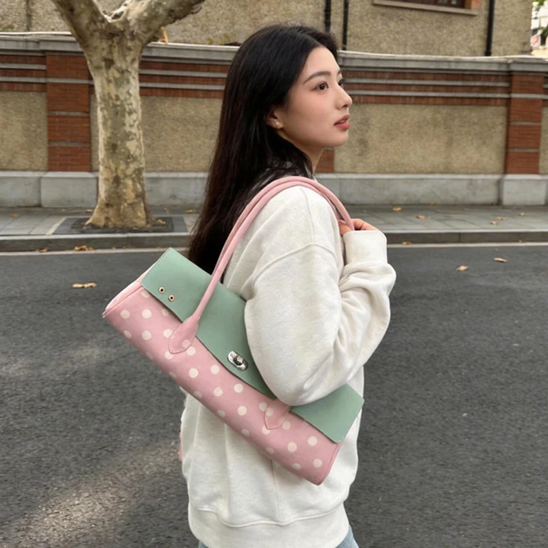 Strawberry Polka Dot Hobo Shoulder Bag,Women Sweet Cute Colorblock Long Stick Double Handle Handbag,Casual Commute Work Purse view 5