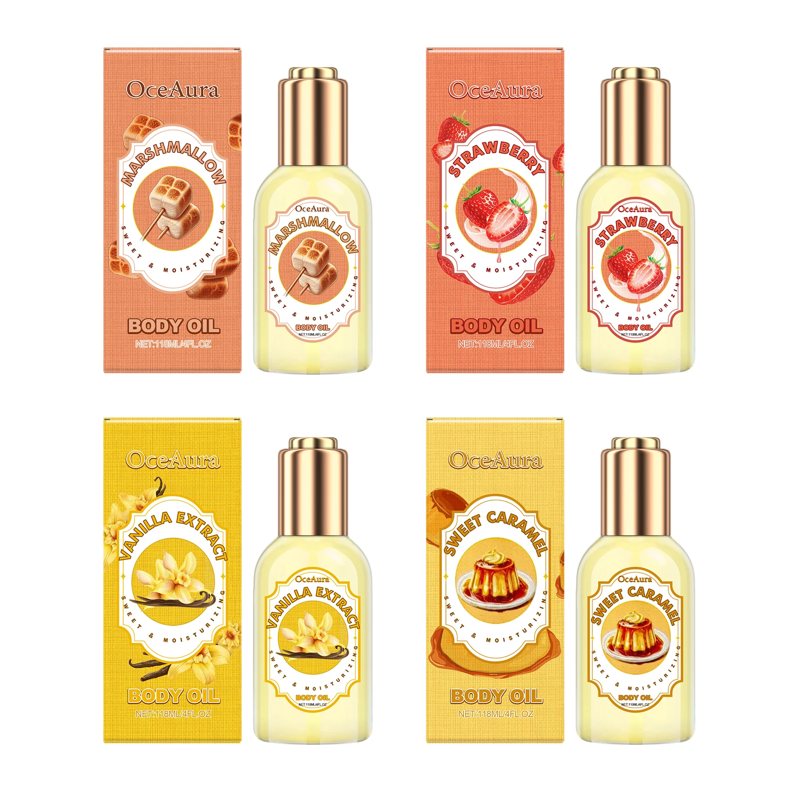 OceAura الفراولة زيت الجسم الفانيليا الحلو الكرمل العطور ترطيب حاجز الجلد إصلاح تغذي الخطمي زيت تدليك الجسم