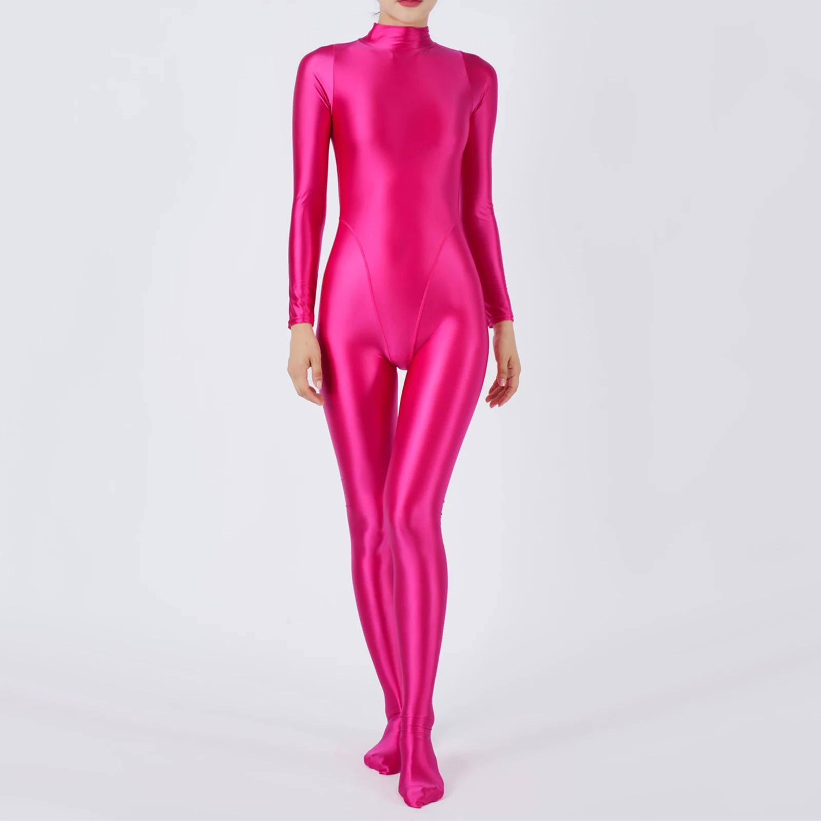 Womens Oil Glossy Full Body Bodysuit Swimsuit Mock Neck Long Sleeve One Piece Jumpsuit Rash Guard Swimwear Surfing Yoga Fitness