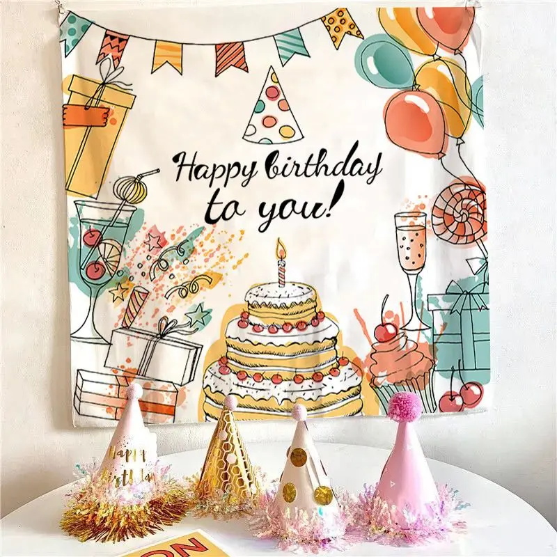VIKAMA Three layer Cake Birthday Tapestry Wall Hanging Home Decor for Bedroom Living Room Dorm Gift Happy Birthday Aesthetic