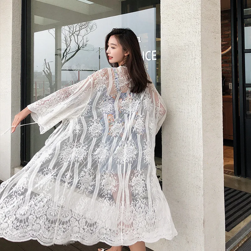 Mùa hè Phơi Ngoài Nắng Không Phai Cardigan Kimono Thời Trang Phụ Nữ Ren Bikini Bìa Up Phụ Nữ Blouse Áo Dài Lưới Khăn Choàng Outwear Blusas feminina