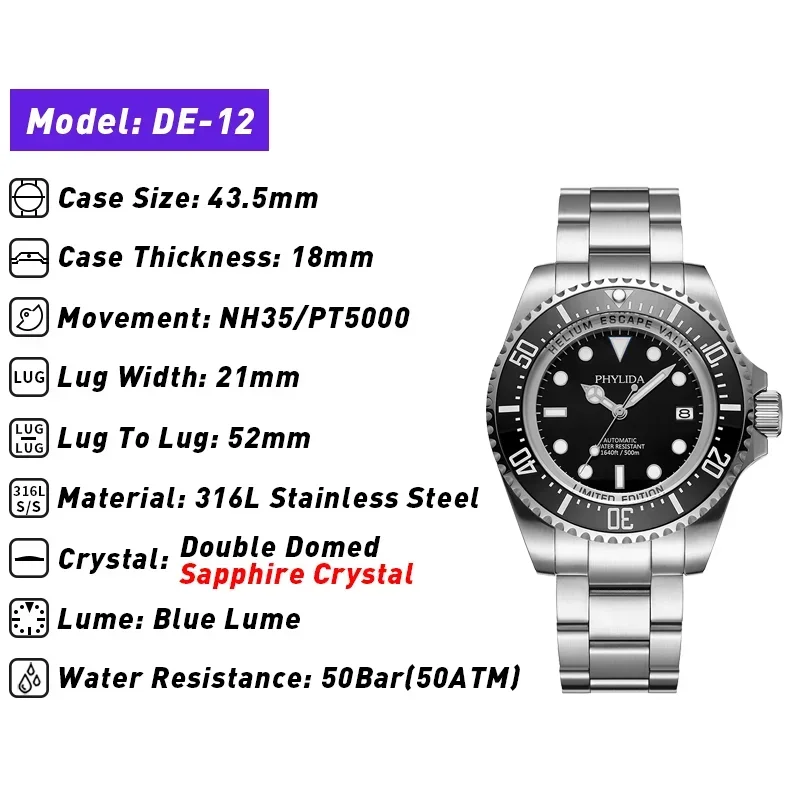 PHYLIDA 43.5mm Men\'s Sport Diver Watch PT5000 / NH35 Automatic Wristwatch Sapphire Stainless Steel 50Bar 500m WR