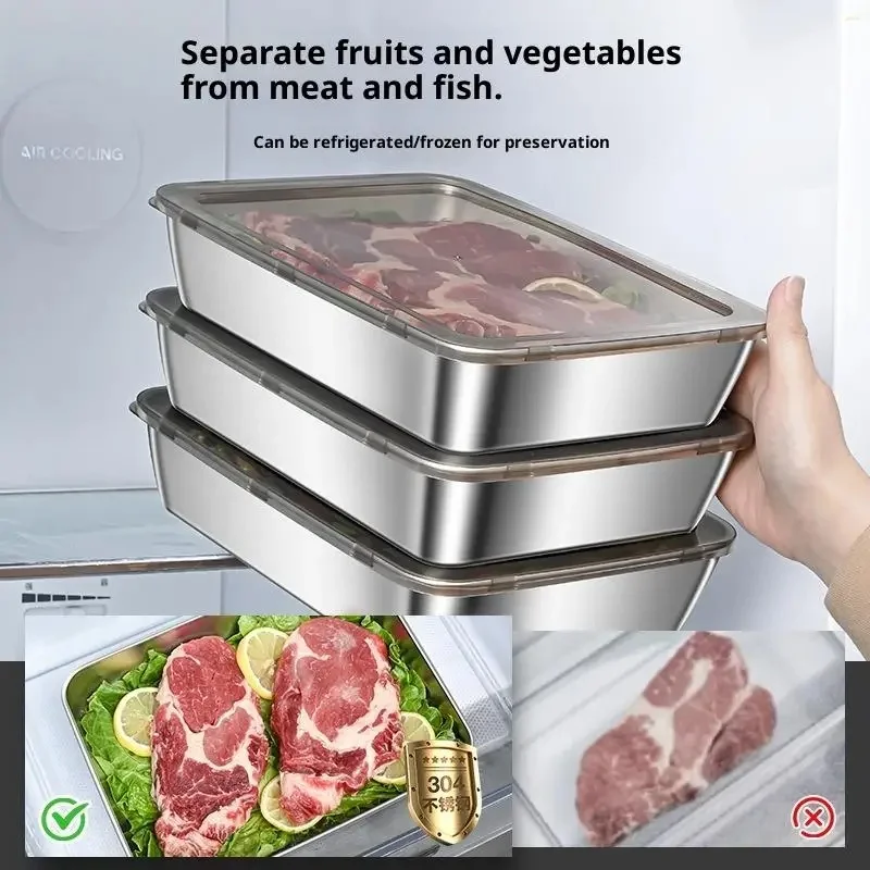 1/4/8Pcs 304 Stainless Steel Meal Prep Containers, Airtight Lid Food Storage Box Refrigerator Fresh-Keeping Tray Kitchen Organiz
