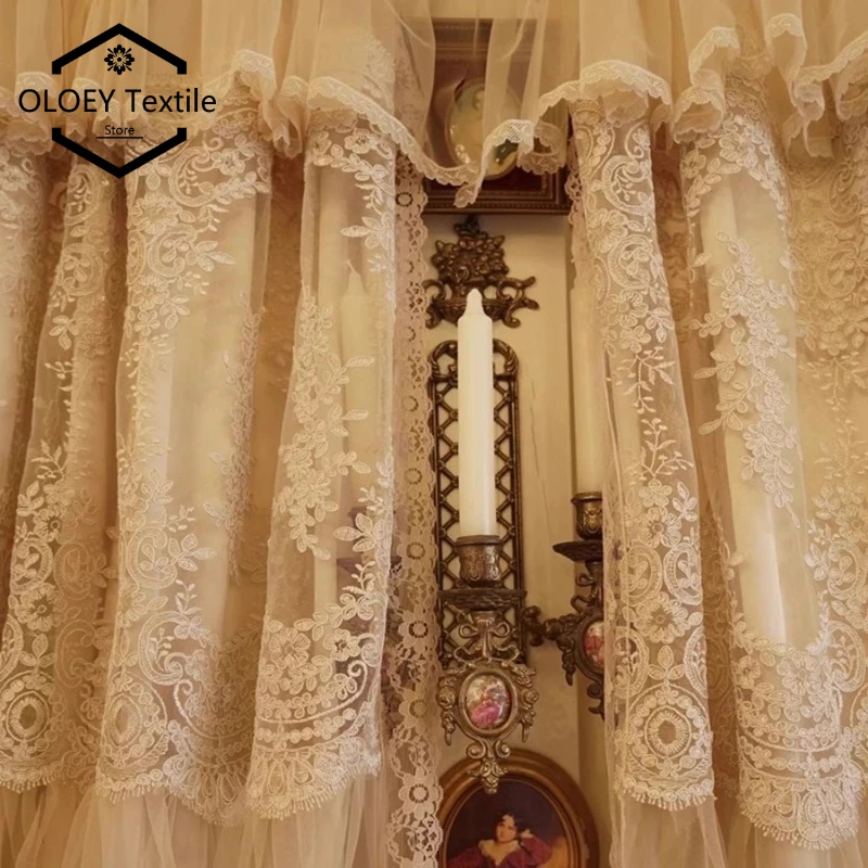 

New European Luxury Beige Embroidered Lace Pleated Blackout Curtains for Living Room Bedroom Integrated Valance Drapes Custom