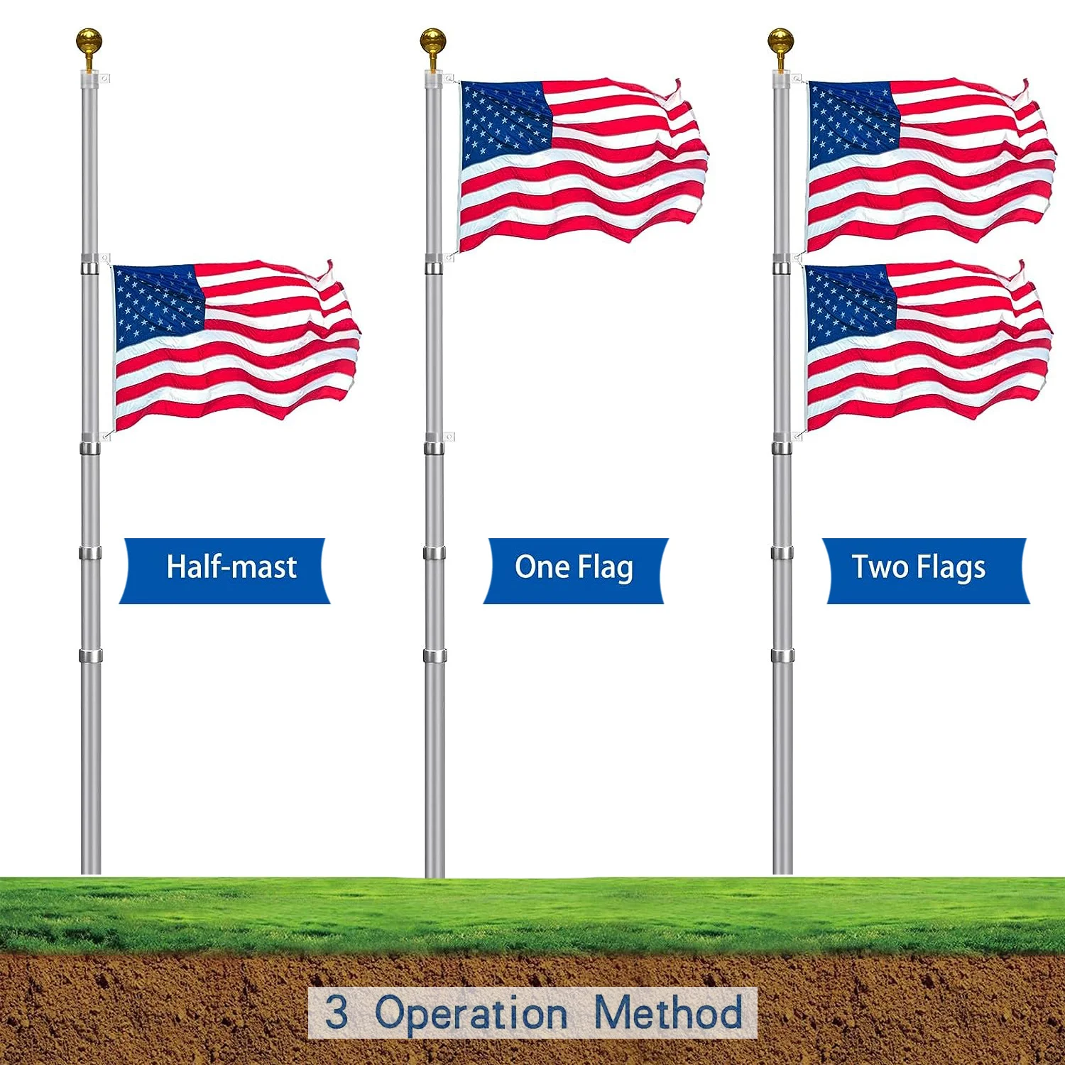 30 ft. with US Flag and Ball Telescopic Design Aluminum Flagpole