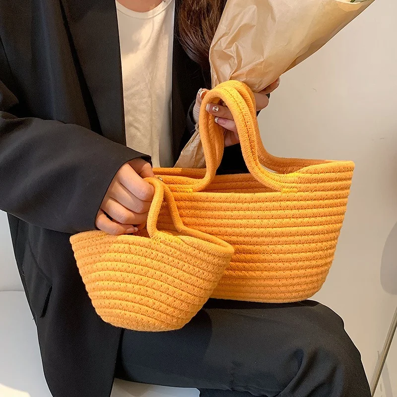 2022 Casual  Solid Color Woven Bag Women Small Tote Straw Bag Beach Vacation Travel Shopping Shopper Handbag Female Open Bag