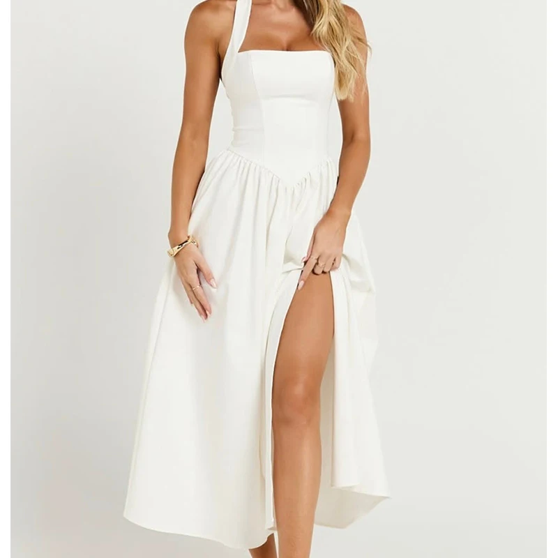 YENKYE Sexy Backless Hem Slit Halter White Dress Women Low Waist A-line Slim Midi Long Elegant Party Dresses Summer Robe