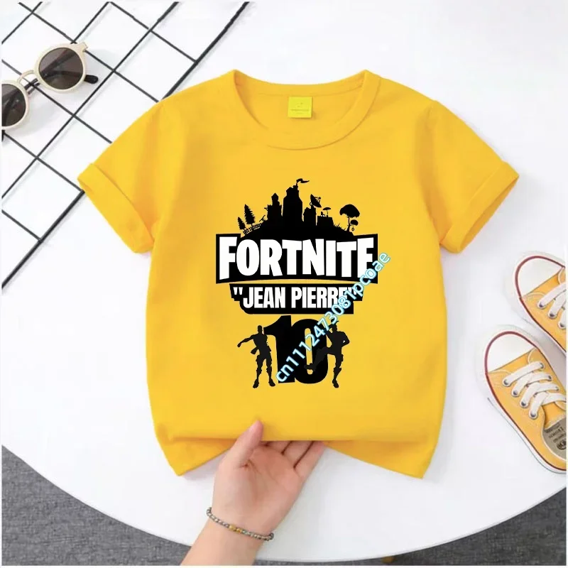 Camiseta de verano 2026 Fortnite para niños, camiseta deportiva de algodón de manga corta con estampado en blanco y negro, camiseta informal para niñas