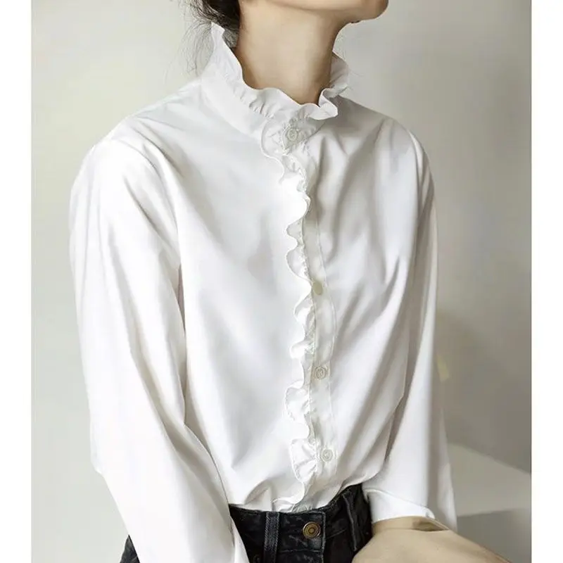 

QWEEK White Shirt Women Elegant Blouses Oversize Ruffle Collar Korean Style Long Sleeve Tops Office Lady Vintage Fashion Spring