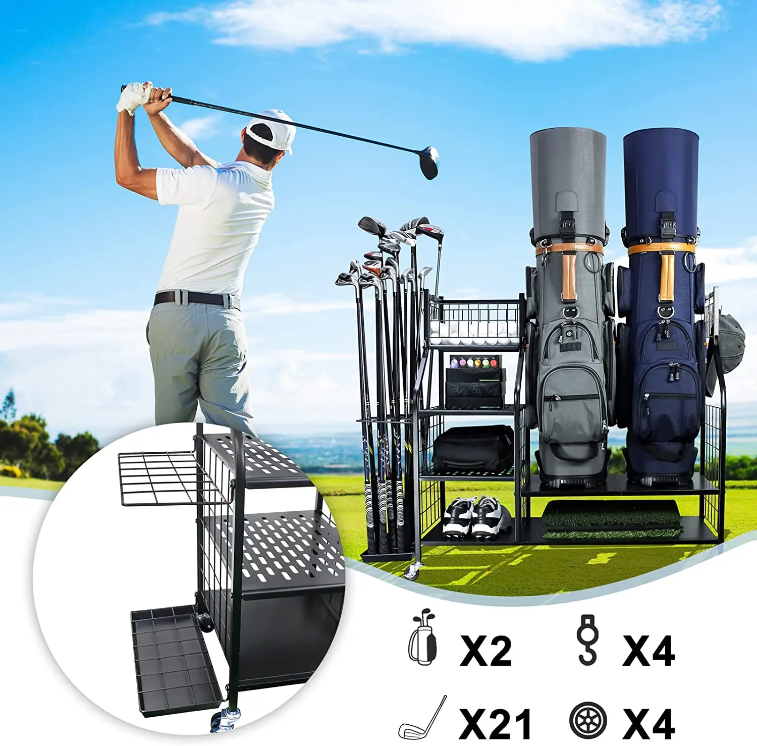 CRESTGOLF-Almacenamiento de Golf, organizador de garaje de tamaño Extra grande para almacenar y organizar perfectamente bolsas de Golf y accesorios