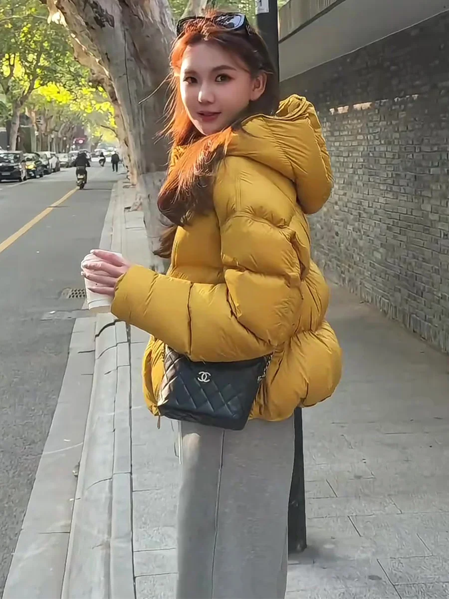 

Yellow ort Puffer Jaet Women's Winter Warmth Du down Bread Sle Coat Casual Loose Fit Zipper ket Design Thiened