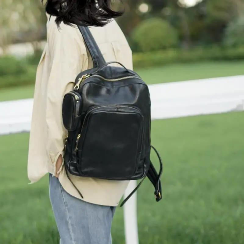 

outdoor travel work high quality first layer cowhide men's women's backpack fashion casual genuine leather black laptop bagpack