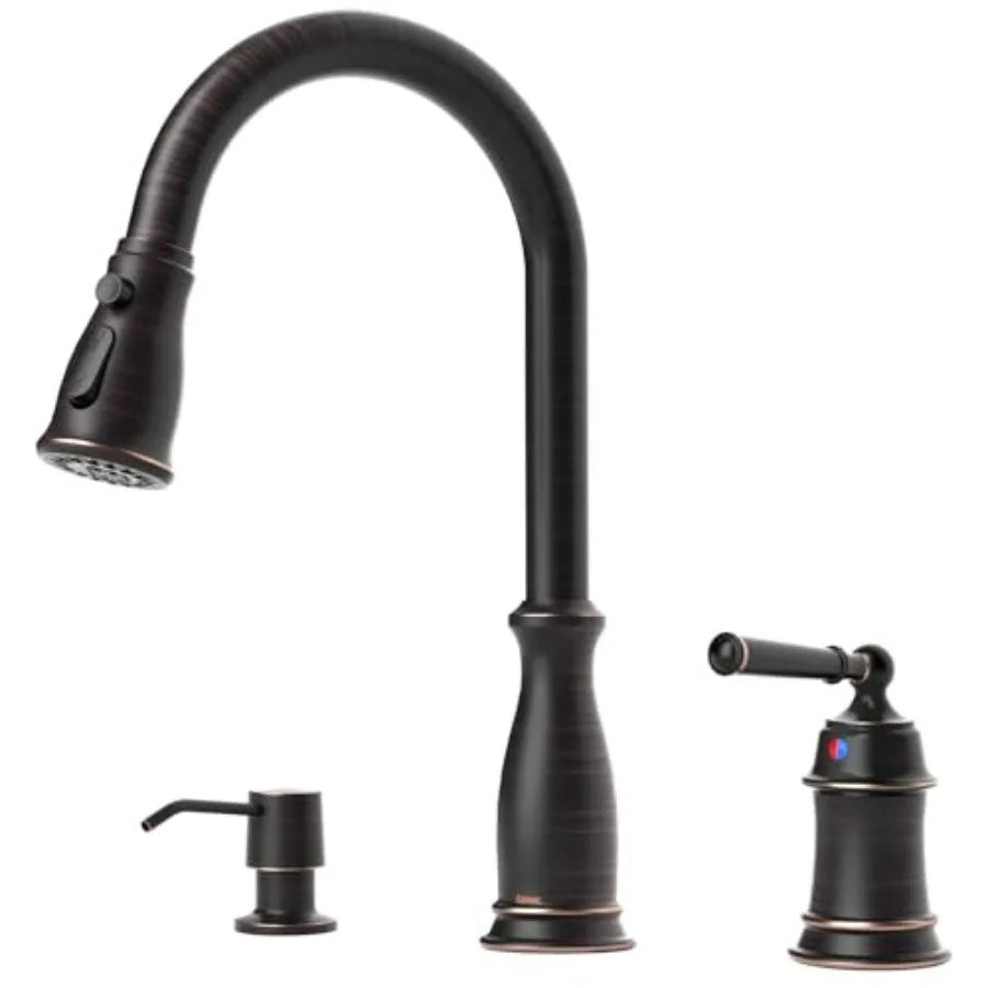 

3 Holes Kitchen Sink Faucet with Soap Dispenser and Separate Handle 2 Holes Pull Down Oil Rubbed Bronze Single Handle High Arc
