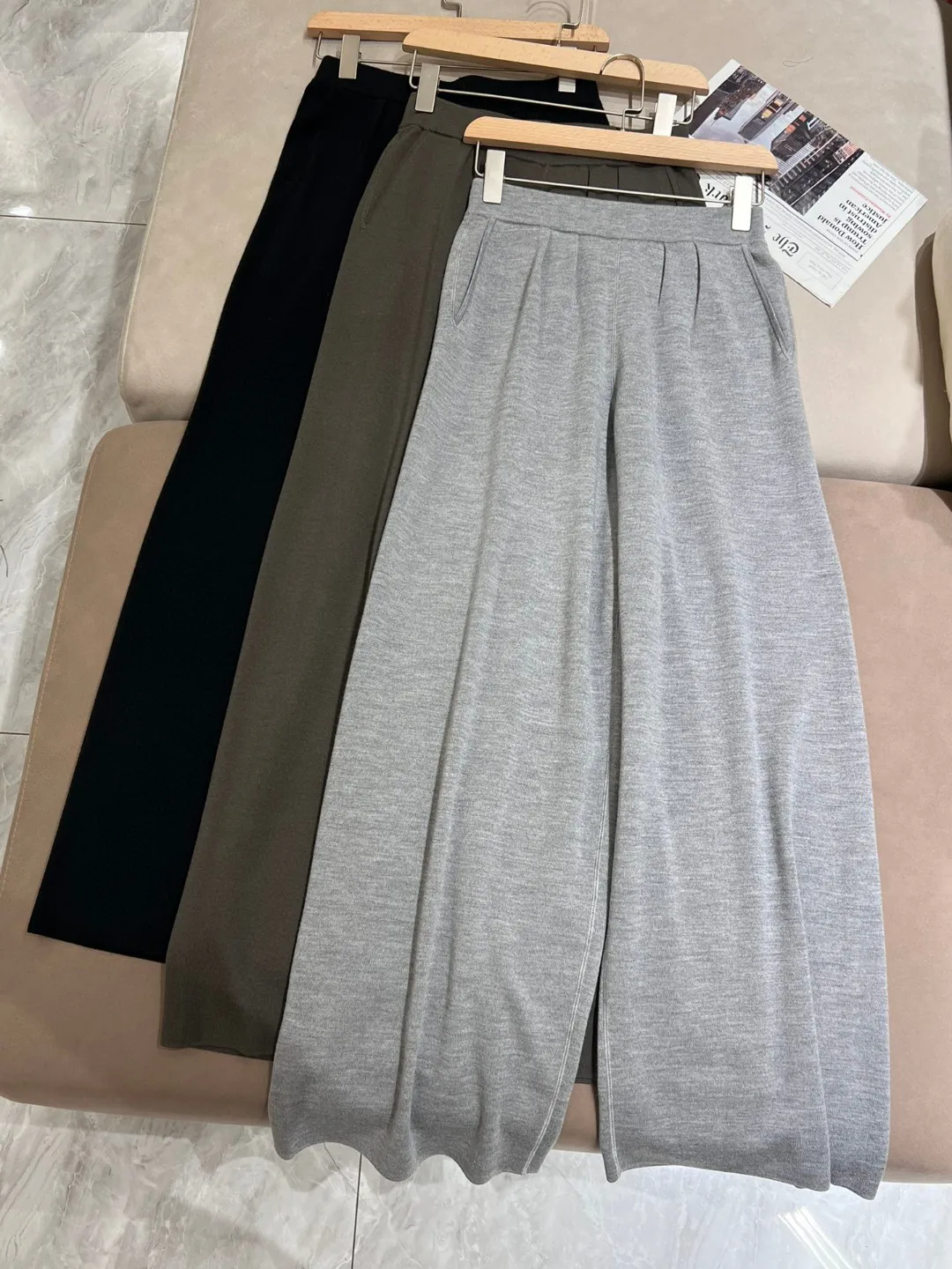 Early spring new 100% merino wool knitted wide leg pants