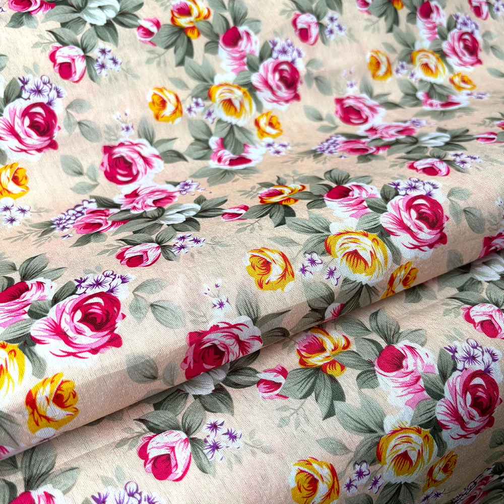 Rose Flower Cotton Poplin Print Fabric For Sewing Headscarf Cloth Spring Shirt Women Apparels Needlework DIY Craft By Half Meter