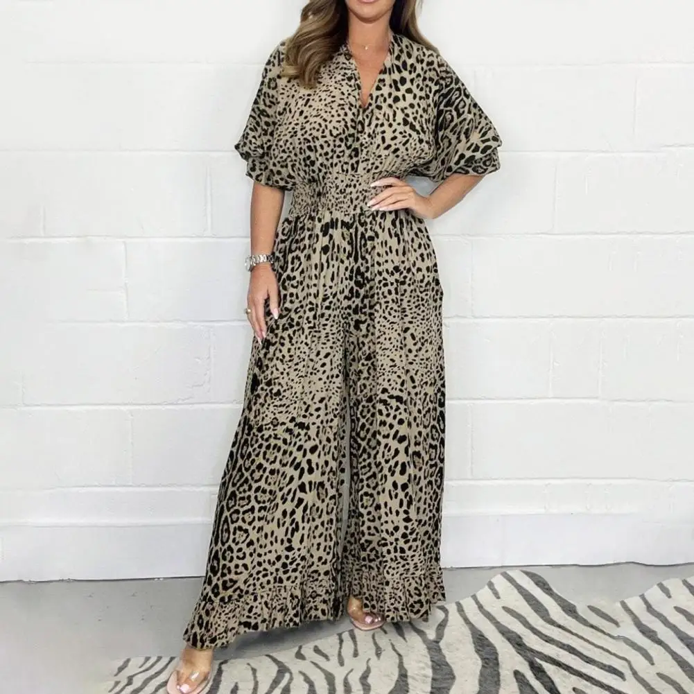 Women Jumpsuit Leopard Print Wide Leg Mid Sleeve Ruffle Patchwork High Waist Loose Full Length Commute Long Jumpsuit