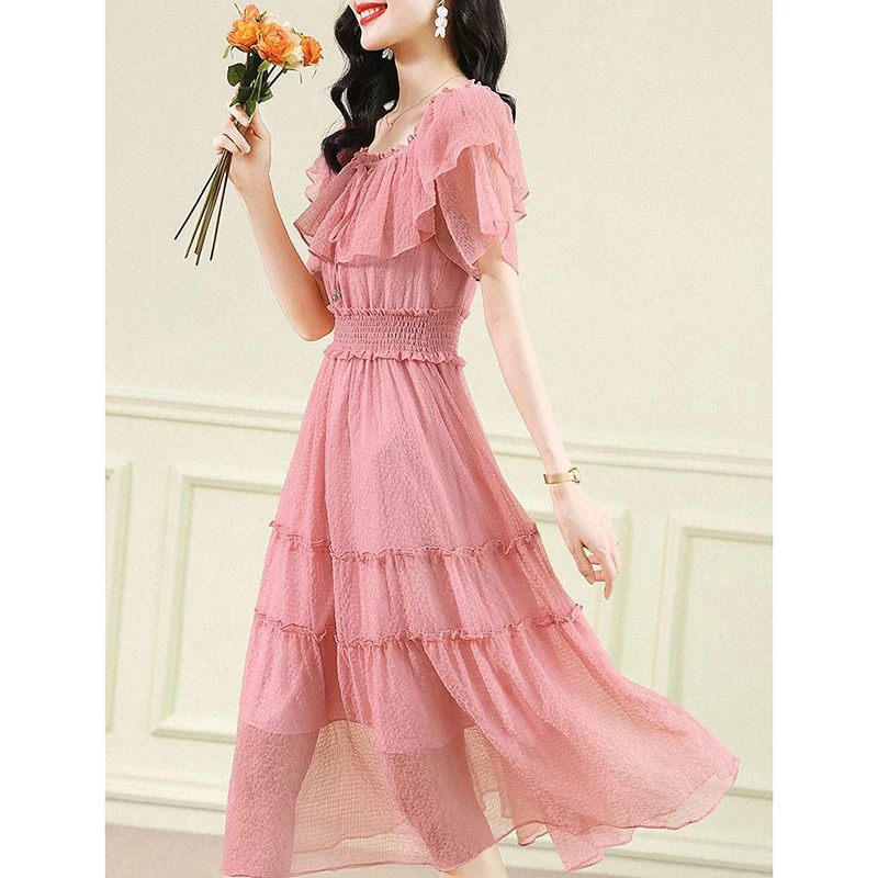 Elegant Solid Color Lace Up Bow Shirring Ruffles Party Dress Women Clothing 2024 Summer New Loose Sweet Prom Dresses