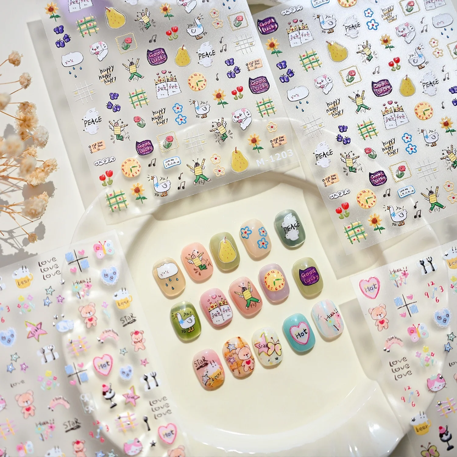 Duck Dog Butterfly Bear Cat Beer Bowknot Star Ice Cream Clock Pear Bird Note Flower Adhesive 5D Nail Art Sticker Manicure Decals