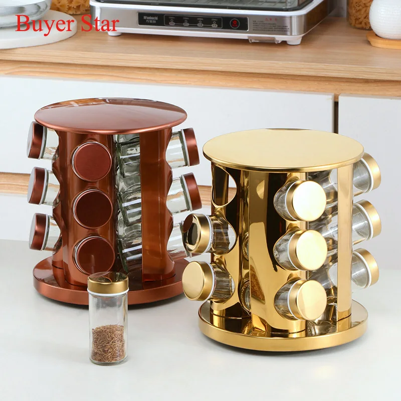 New Household Kitchen Rotating Seasoning Rack Stainless Steel Spice Jar Rotating Seasoning Rack Set Seasoning Box Salt Shaker