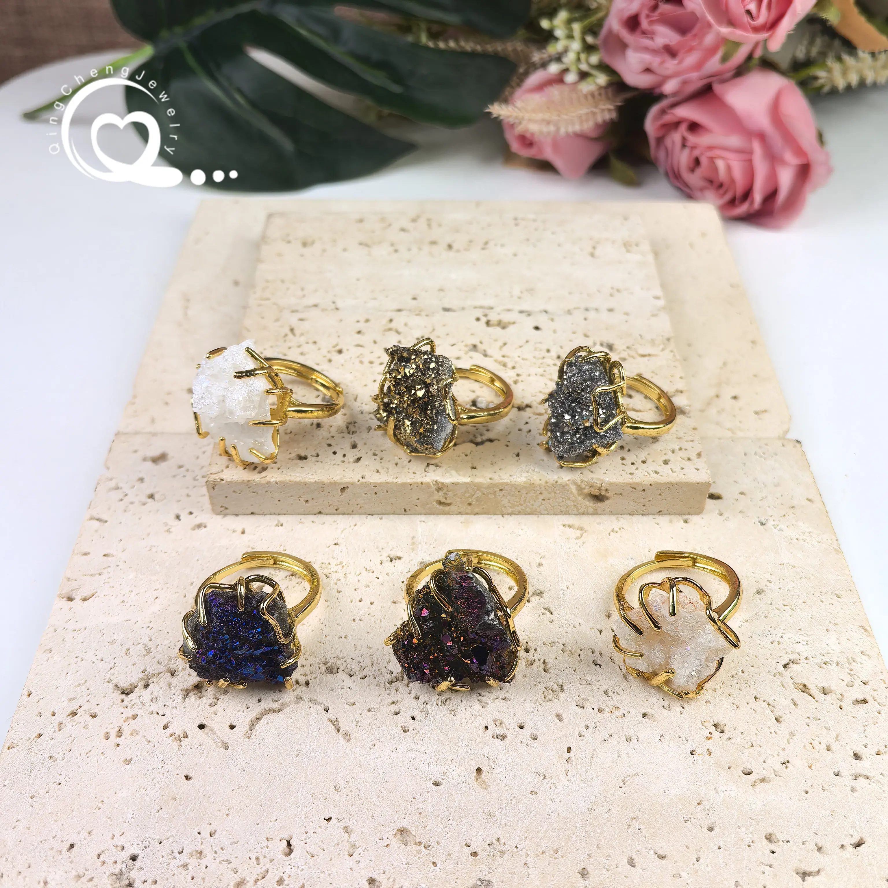 

Natural Quartz Geode Druzy Rings Titanium Crystal Drusy Nugget Adjustable Finger Ring Women Fashion Bohemia Jewelry Gifts,QC4237