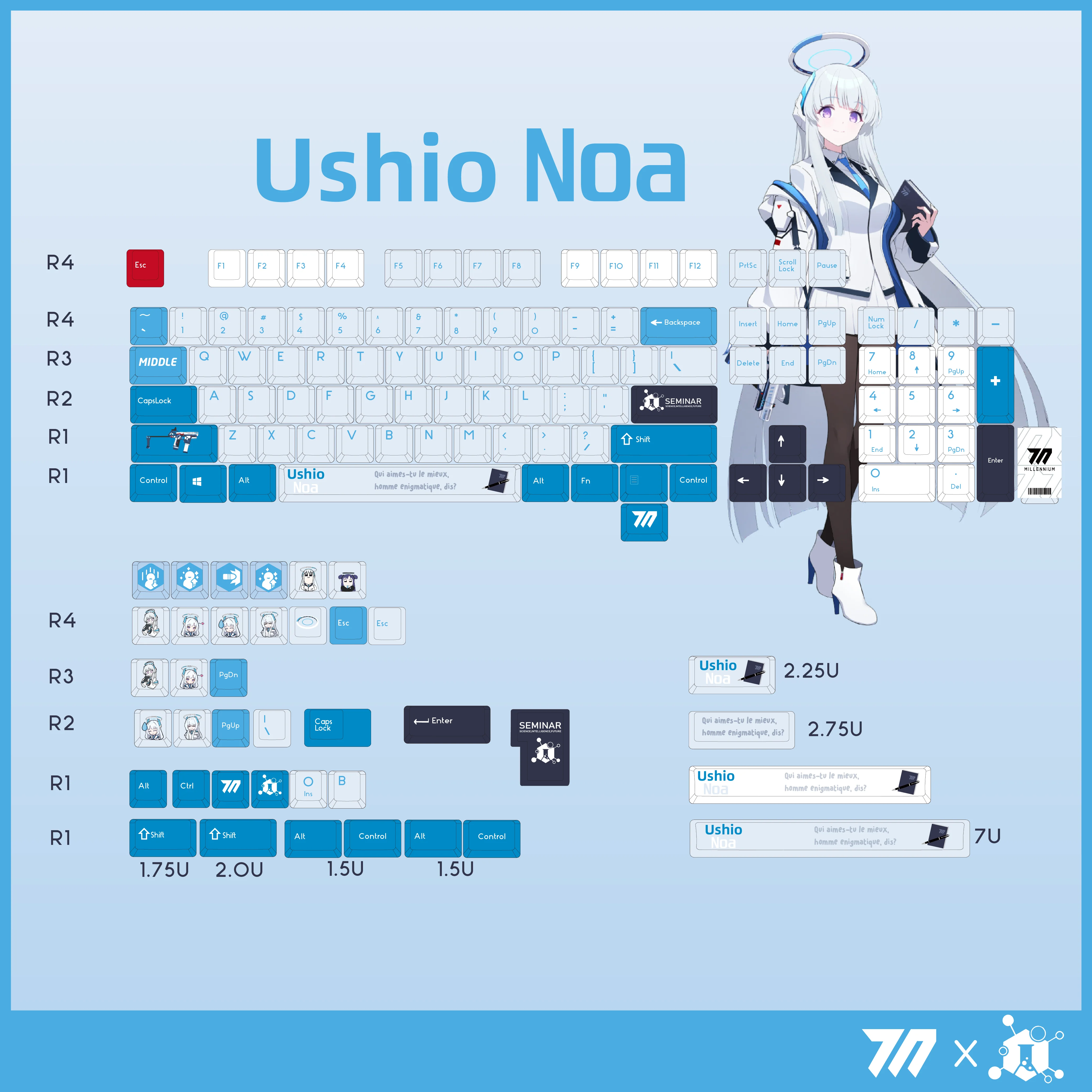 

140 Keys/Set Blue Archive Ushio Noa PBT Keycaps Anime Games Beauty Girl Key Caps Cherry Height for DIY Mechanical Keyboards