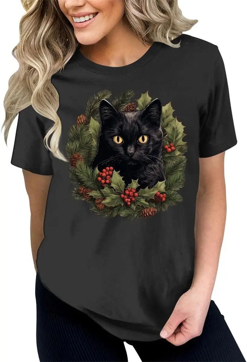 Black Cat Shirt Christmas Wreath Tshirt Plus Size Holiday Graphic Tees