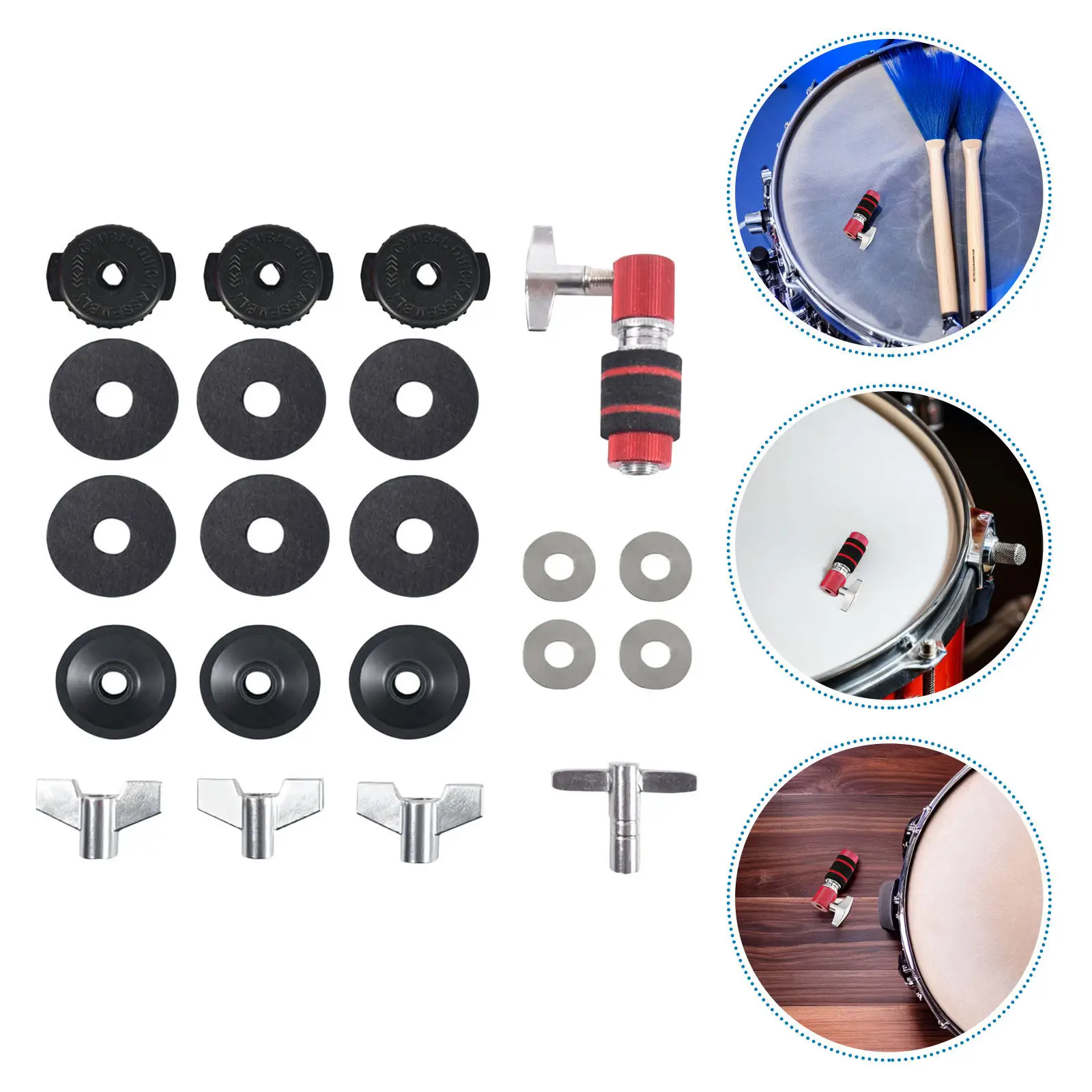 

21Pcs Drum Accessory Set Cymbal Felt Pads Clutch Felts Wing Nut Washers Sleeves T-Shape Drum Key Universal Fit Cymbal