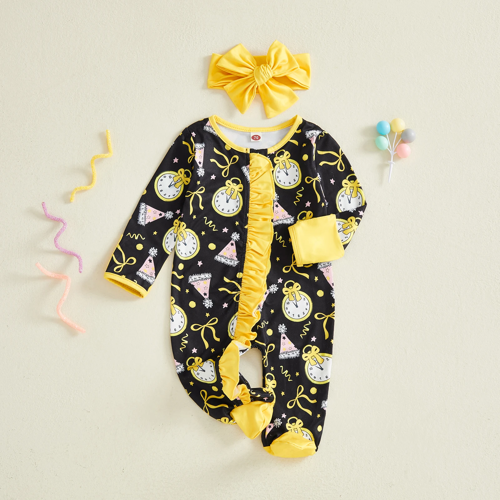 طفل الفتيات جديد السروال القصير الزي طويلة الأكمام ساعة طباعة الرتوش مضغوط القدم بذلة عقال ملابس السنة الجديدة الأولى