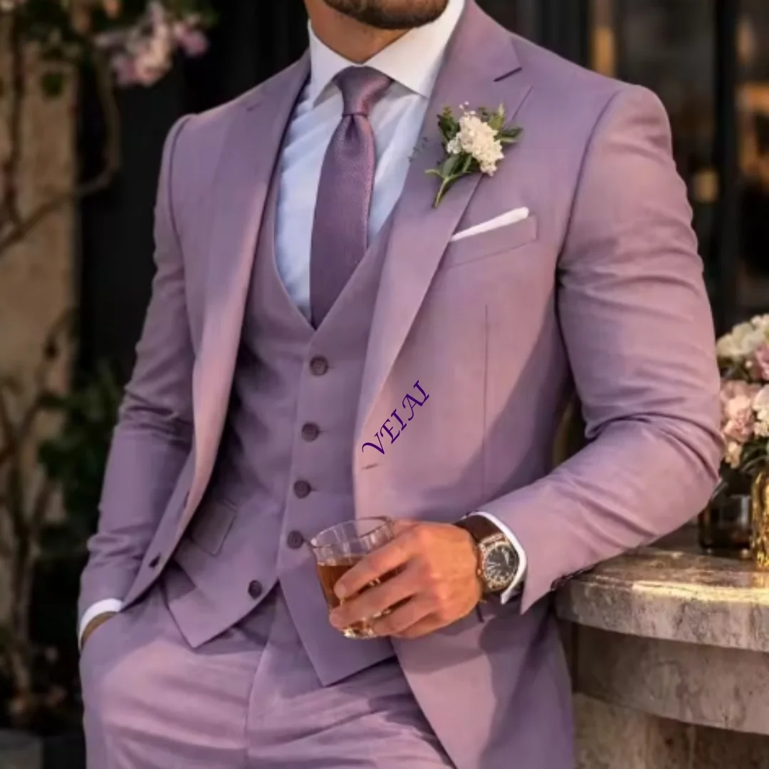 CustomizedMen Light Lilac 3 Piece Slim Fit Suit Blazer Vest Trousers Summer Wedding Groom Prom Formal Party Outfit