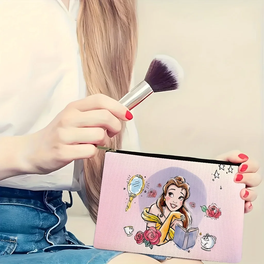 1 pezzo Disney La Bella e la Bestia Borsa per il trucco del viso iconica Rose e Belle Belle - Borsa multifunzionale carina con cerniera da donna, perfetta borsa da viaggio con cerniera