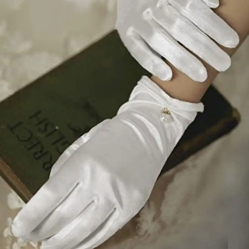 المرأة الساتان قصيرة اللؤلؤ قلادة الديكور متعدد الألوان آداب قفازات عشاء حفلة أوبرا الزفاف مرحلة الأداء #3