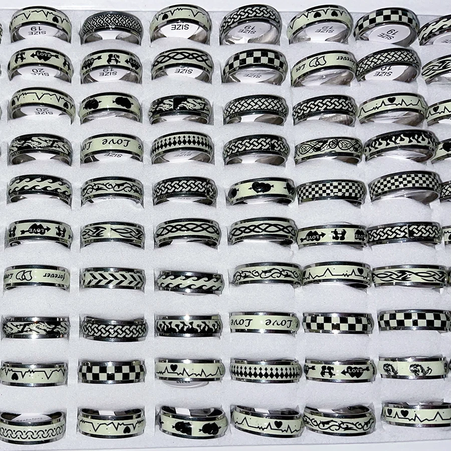 10Pcs Night Glow Stainless Steel Ring For Men Punk Hip-Hop Mixed Styles Rings Party Daily Wear Trend Finger Accessories Jewelry